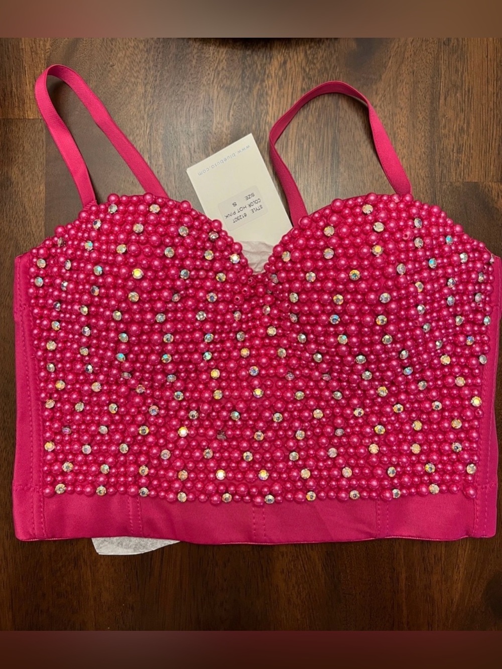 Hot Pink Beaded Rhinestone Bustier Crop Top - Picture 2 of 9